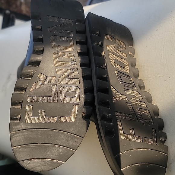 Fly London Womens  Sz 9 Black Mid-Calf Buckle Zipped Wedge Leather Boot Lug Moto - Picture 11 of 14